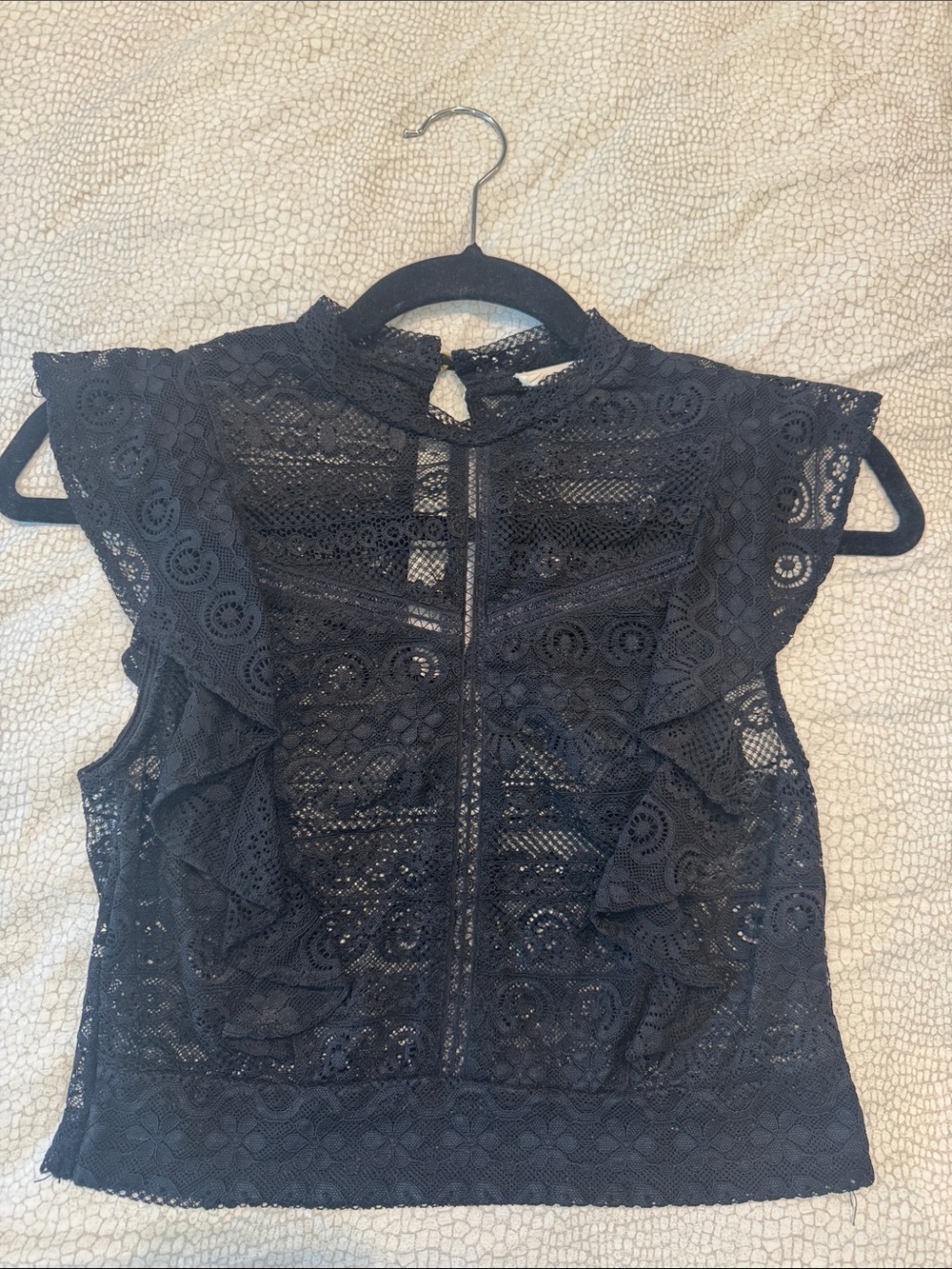 Black Lace Ruffle Mock Neck Sleeveless Blouse